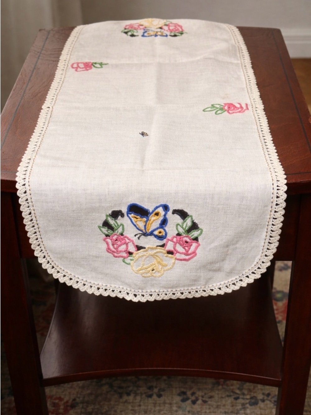 Vintage Embroidered Butterfly & Rose Table Runner -